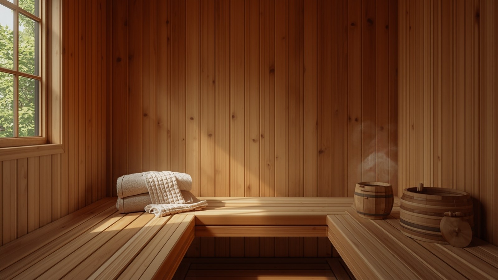 A wooden sauna with slatted benches, towels and a window onto the trees